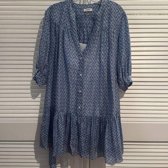 Sandro Tiered Floral-print Crepe Midi Dress Blue/Blanc Size EU 38 New w/Tags - Picture 7 of 12